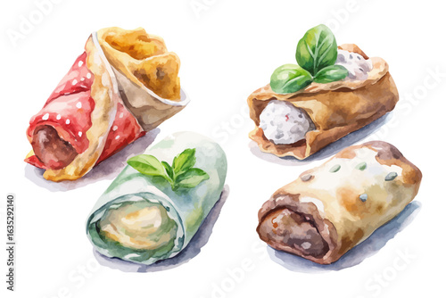 set of watercolor cannoli ricotta vector illustration isolated on white background