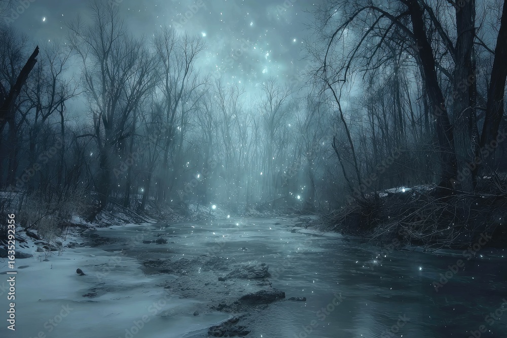 Obraz premium Winter forest stream, ethereal glow