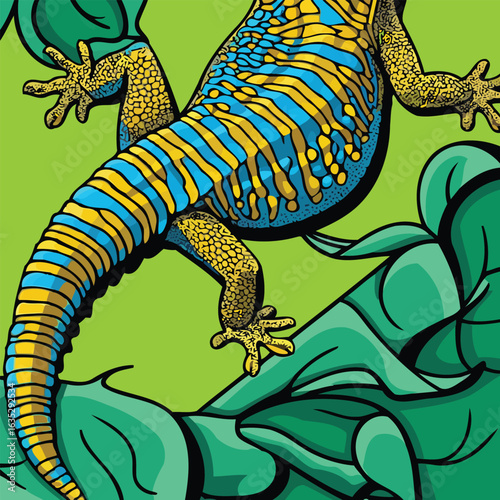 A lizard hid under leaves in a highly detailed and visually stunning illustration, perfect for creative projects, backgrounds, and artistic designs that capture attention and inspire imagination