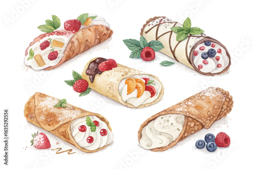 set of watercolor cannoli ricotta vector illustration isolated on white background