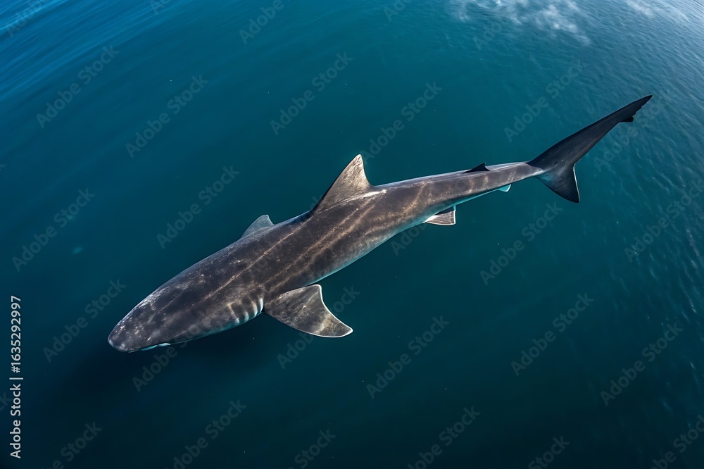 Fototapeta premium Basking shark swimming in the ocean from aerial view in clear water