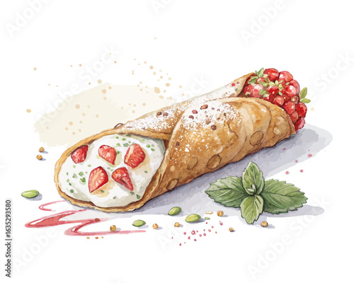 watercolor cannoli ricotta vector illustration isolated on white background