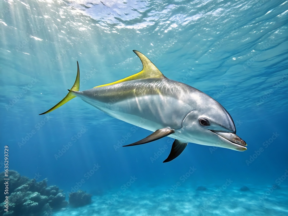 Fototapeta premium Beautiful dolphin swimming in the ocean under the sunlight rays