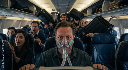A fearful man wearing an oxygen mask inside a chaotic airplane cabin during severe turbulence and an emergency.