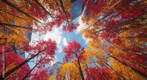 Looking Up at Autumn Trees and City Buildings with Sky View
