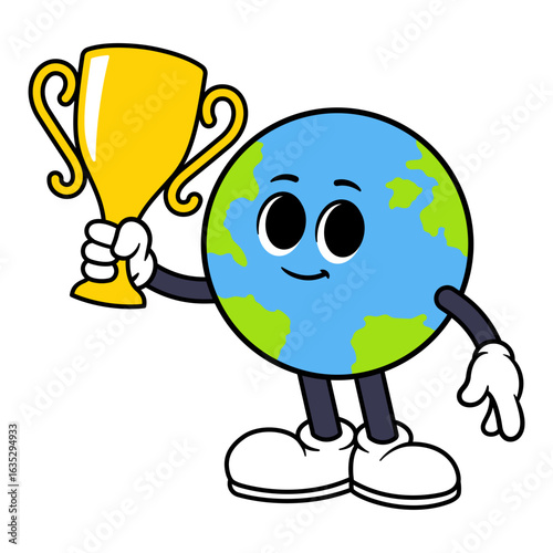 Vector Globe Character Holding a Trophy