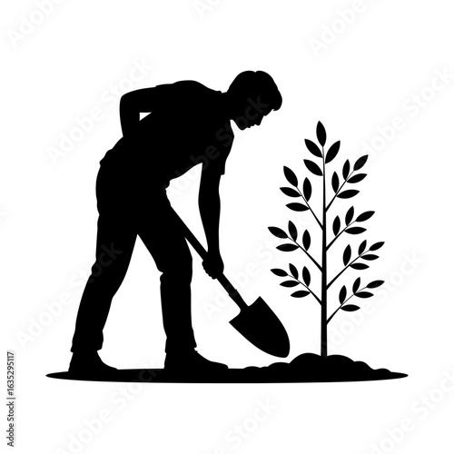 silhouette of a person planting a tree with a shovel in vector art