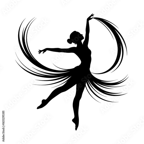 silhouette of a dancer in mid-twirl with flowing motion lines representing grace and movement
