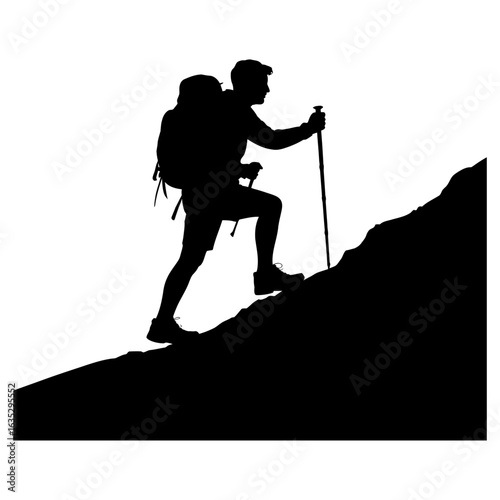 silhouette of a person hiking up a mountain with a backpack
