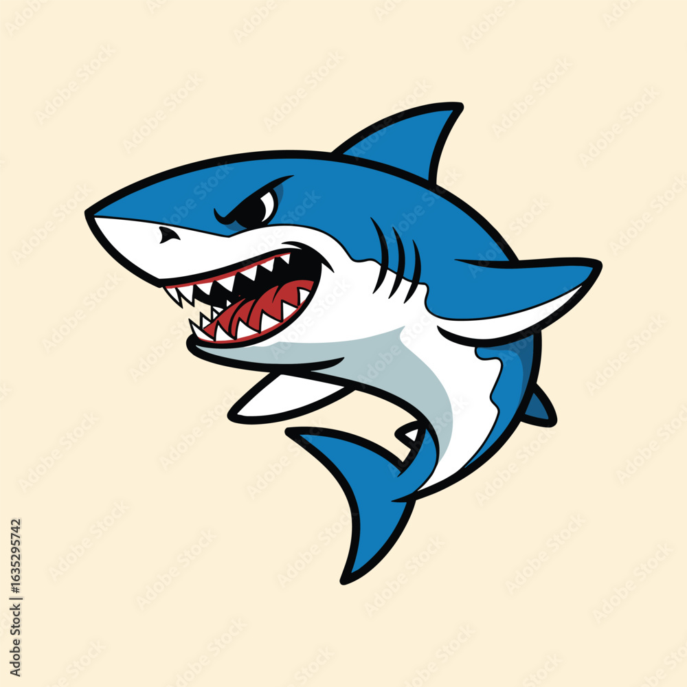 Fototapeta premium Angry Shark Cartoon Illustration, Fierce Ocean Predator Character, Blue Sea Animal Mascot, Marine Wildlife Art for Kids, Sports Logo, Educational Design.