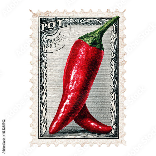 Vintage Postage Stamp Featuring Two Red Chili