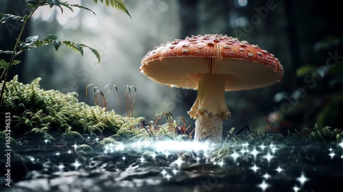 Amanita muscaria mushroom with moss and sparkling lights in a forest