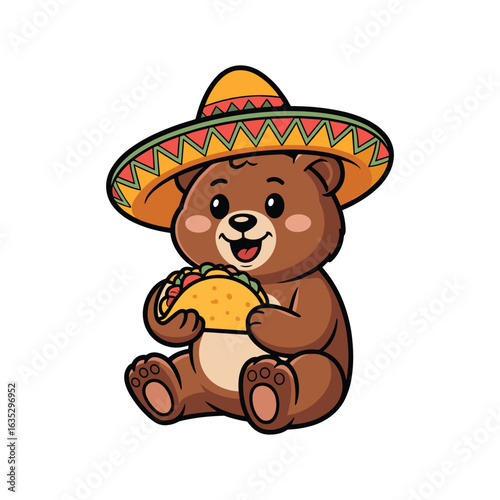 Cute Bear Wearing Sombrero Eating Taco Cartoon Illustration, Mexican Food Animal Character, Fun Kids Poster, Fiesta Party Design, Vector Art for Merchandise