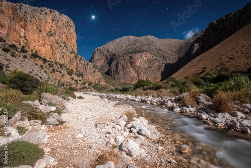 Rocky riverbed winding through a canyon under a starry night sky