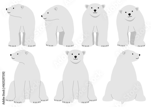 正面を向いて歩いたり座る白熊のイラストのセット
