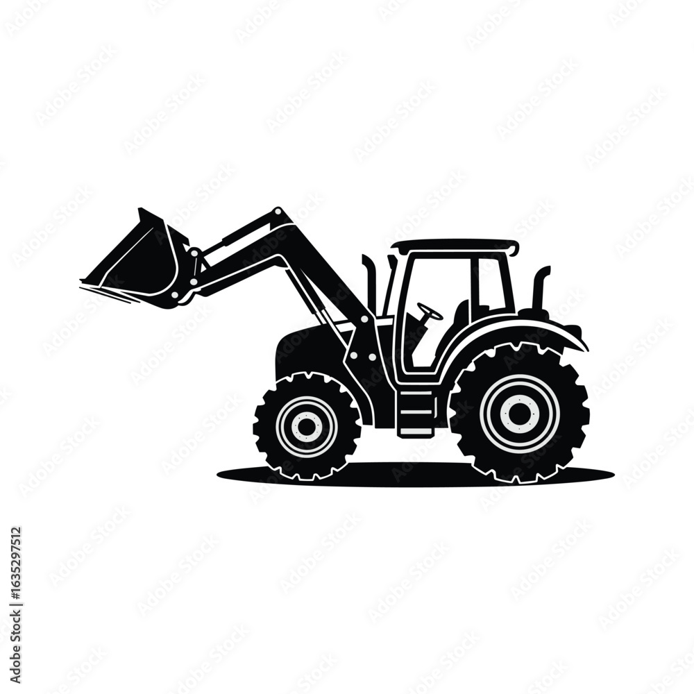 Naklejka premium Tractor with Front Loader Silhouette Isolated on White Background, Heavy Construction Equipment Icon, Modern Vector Illustration for Agriculture, Farming, and Industrial Design
