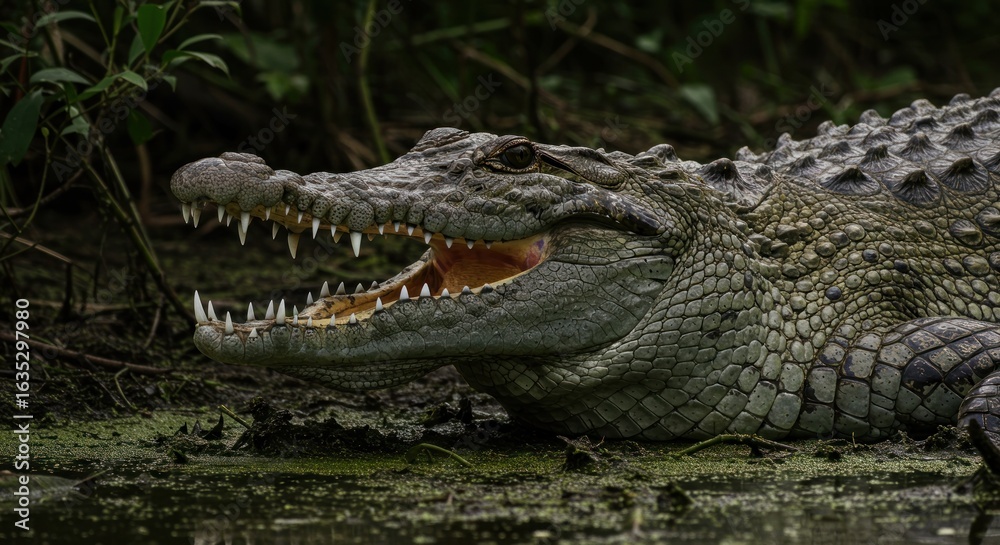 Fototapeta premium Menacing Crocodile Portrait: Open Jaws, Sharp Teeth, and Textured Scales in Dark Swamp