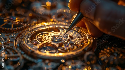 A detailed close-up of a person working on a watch, with intricate details of gears and other components