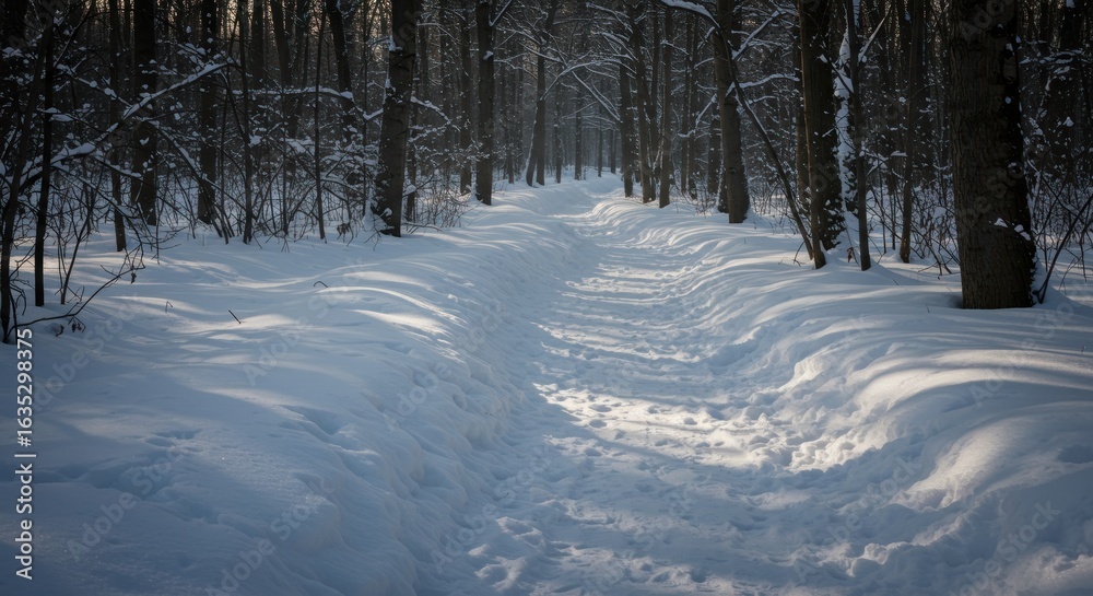 Fototapeta premium Winter's Embrace: Sunlit Snow Path Through a Dark Forest