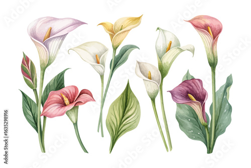 set of watercolor calla lily vector illustration isolated on white background