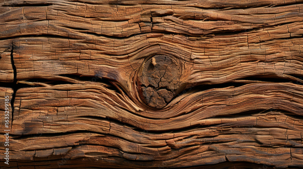 Naklejka premium Textured wooden surface with intricate patterns and natural imperfections, showcasing beauty of aged wood. rich brown tones and unique grain create warm and rustic feel