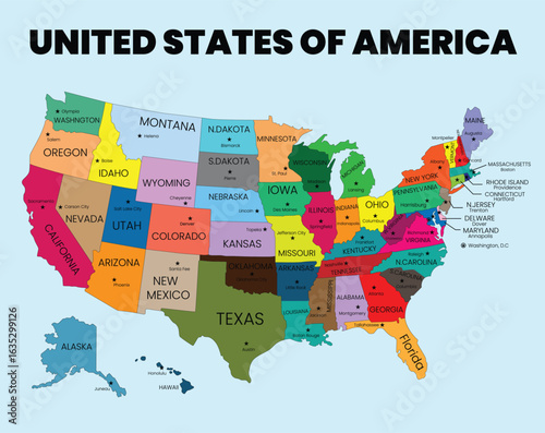 Map of United States Vector Detailed States and Capitals vector Illustration