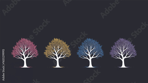 Four Stylized Trees with Colorful Foliage on Dark Background nature seasons