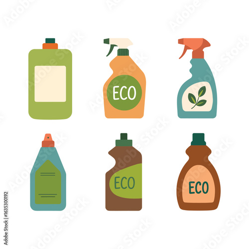 Set of six eco-friendly cleaning product bottles, flat vector illustration, green household detergent, spray, and liquid containers, isolated on white background.
