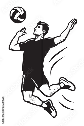 Male Athlete Spiking Volleyball in Mid-Air Vector Art