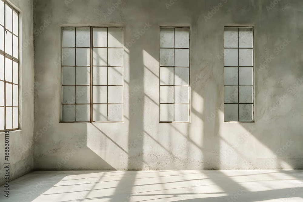 Obraz premium Empty room with three windows and sunlight casting shadows on the floor.