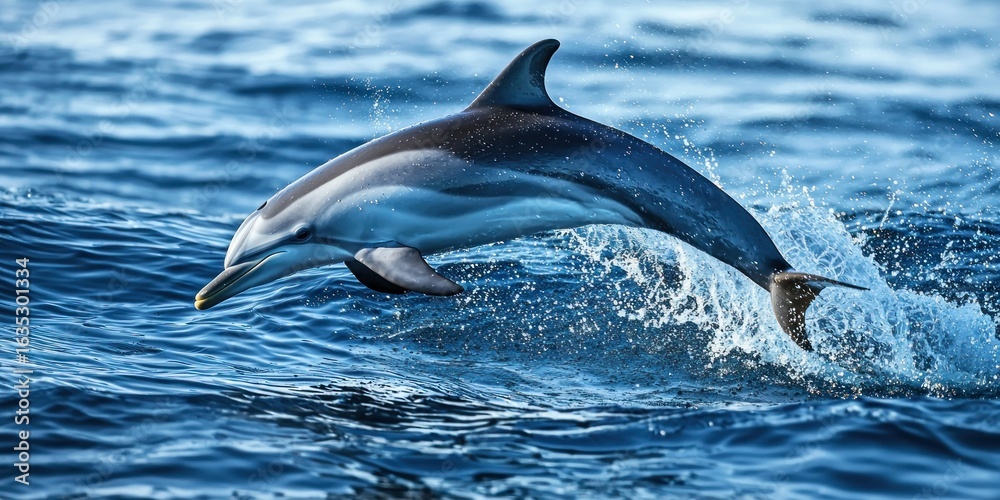 Obraz premium A deep blue sea where dolphins create ripples as they leap into the air
