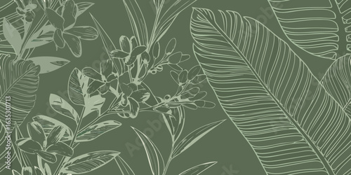 Elegant line art tropical leaves and flowers on green background