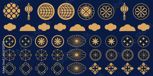 Collection of golden geometric and celestial ornaments on dark blue background
