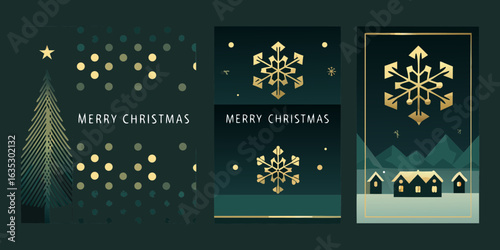 Elegant christmas greeting cards with snowflakes and winter scenes