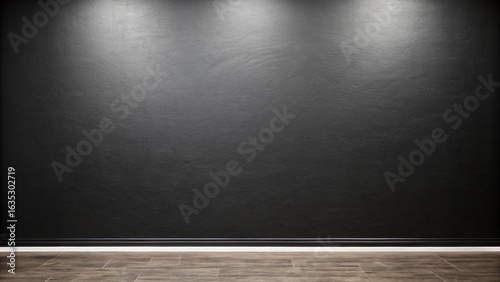 Dark Moody Interior: Spotlit Black Wall, Wood Floor, Minimalist Design.
