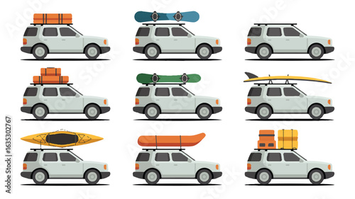 Collection of SU Vs with various outdoor sports equipment loaded on roof racks vehicle transportation