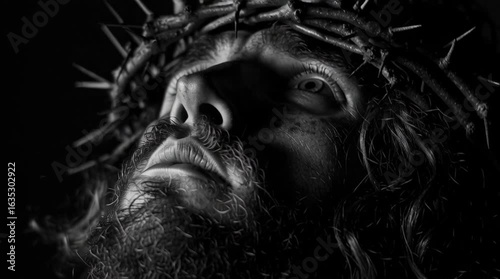 Close up black and white portrait of a man with a beard and a crown of thorns on his head
