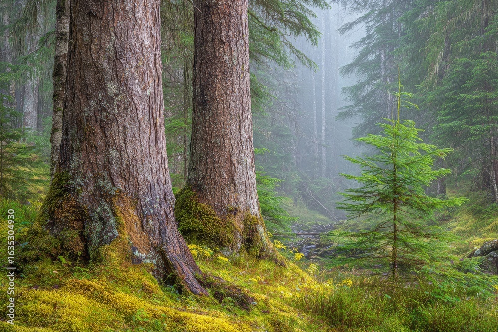 Fototapeta premium Misty forest with towering trees and moss-covered ground