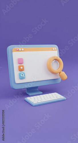 3D Illustration of a Blue Computer with a Magnifying Glass on Purple Background