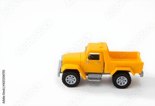 A bright yellow plastic toy construction truck is isolated on a clean white background