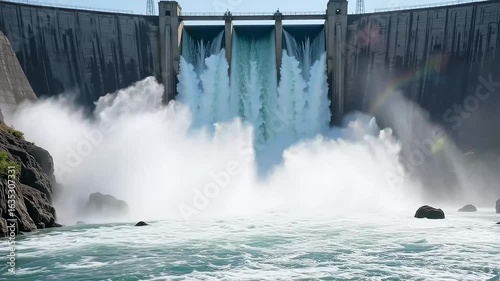 Powerful dam releasing water creating stunning waterfall with dramatic energy and impact