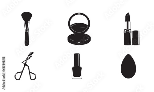 A Selection of Essential Makeup Tools for Beauty and Personal Care in Black and White Graphic Style Vector Illustration