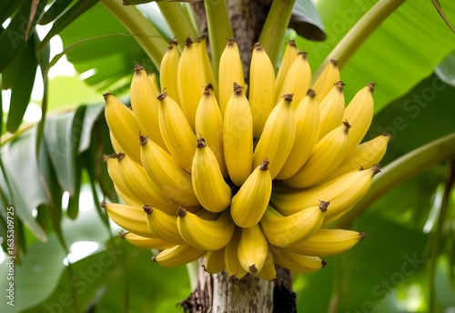 Green unripe bananas hang in a large bunch from a tropical plant on a farm