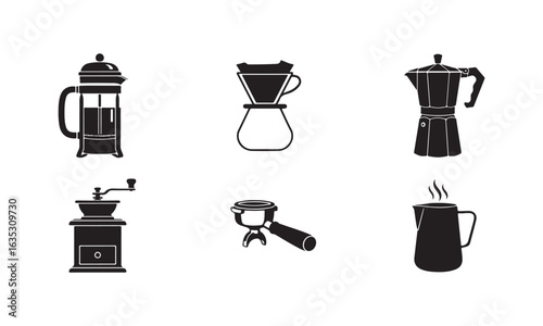 Coffee Brewing Methods in Black and White Silhouette Design for Cafe and Coffee Shop Themes