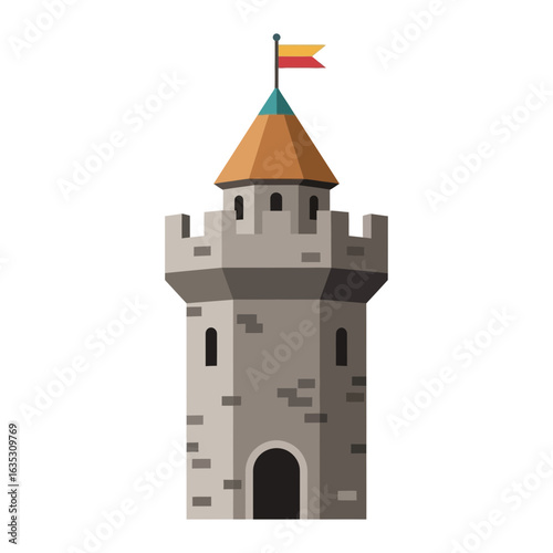 Cartoon illustration of a gray stone tower with a conical roof and flag.