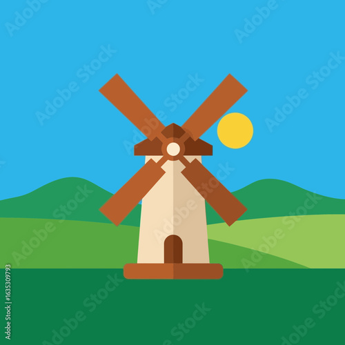 A windmill stands in a green field under a blue sky with the sun.