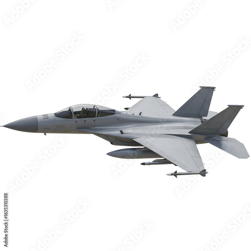 3D Illustration of a Realistic Fighter Jet with Grey Metallic Color Isolated