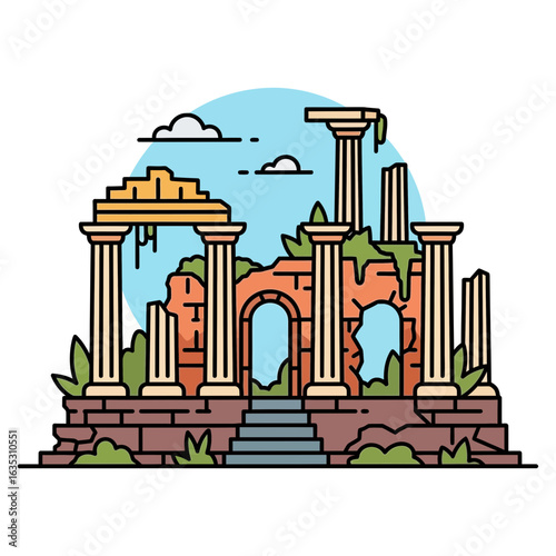 Illustration of ancient ruins with columns and archways against a blue sky.