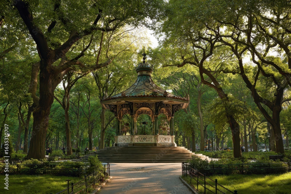 Obraz premium Gazebo in city park, sunny day, people relaxing, green trees. Ideal for tourism brochures