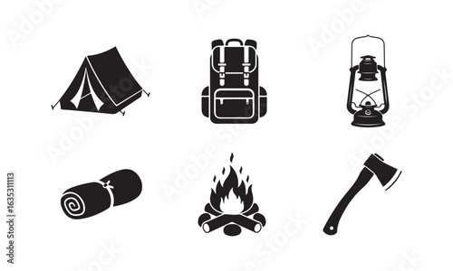 Vector Camping Equipment Icons Including Tent Backpack Campfire Axe Lantern and Sleeping Bag for Outdoor Adventure Enthusiasts